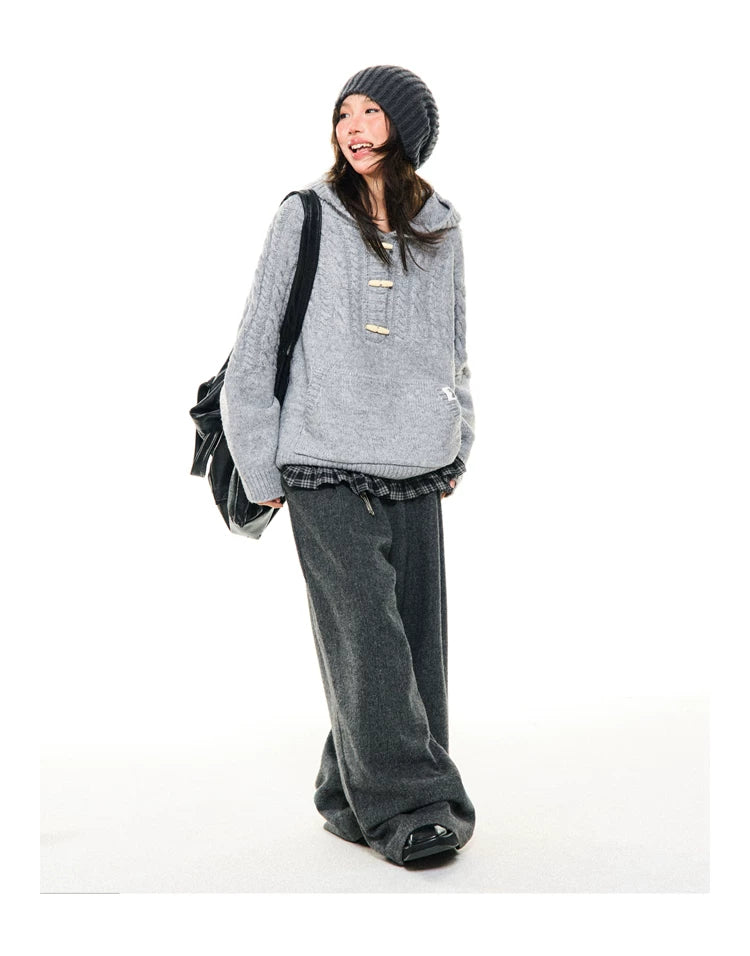 Hooded Toggle-Front Knit Sweater
