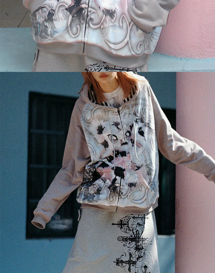 Sweat à capuche oversize à motif lapin avec fermeture éclair