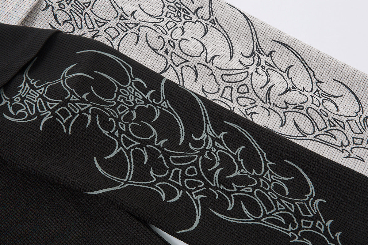 PU Leather Collar Thorn Print Fake Layered Long Sleeve Polo Shirt