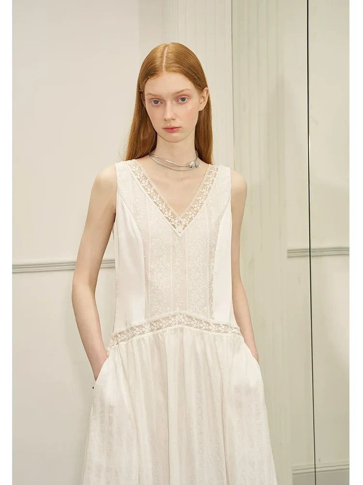 V-Neck Lace Stripe Splicing Sleeveless Long Dress