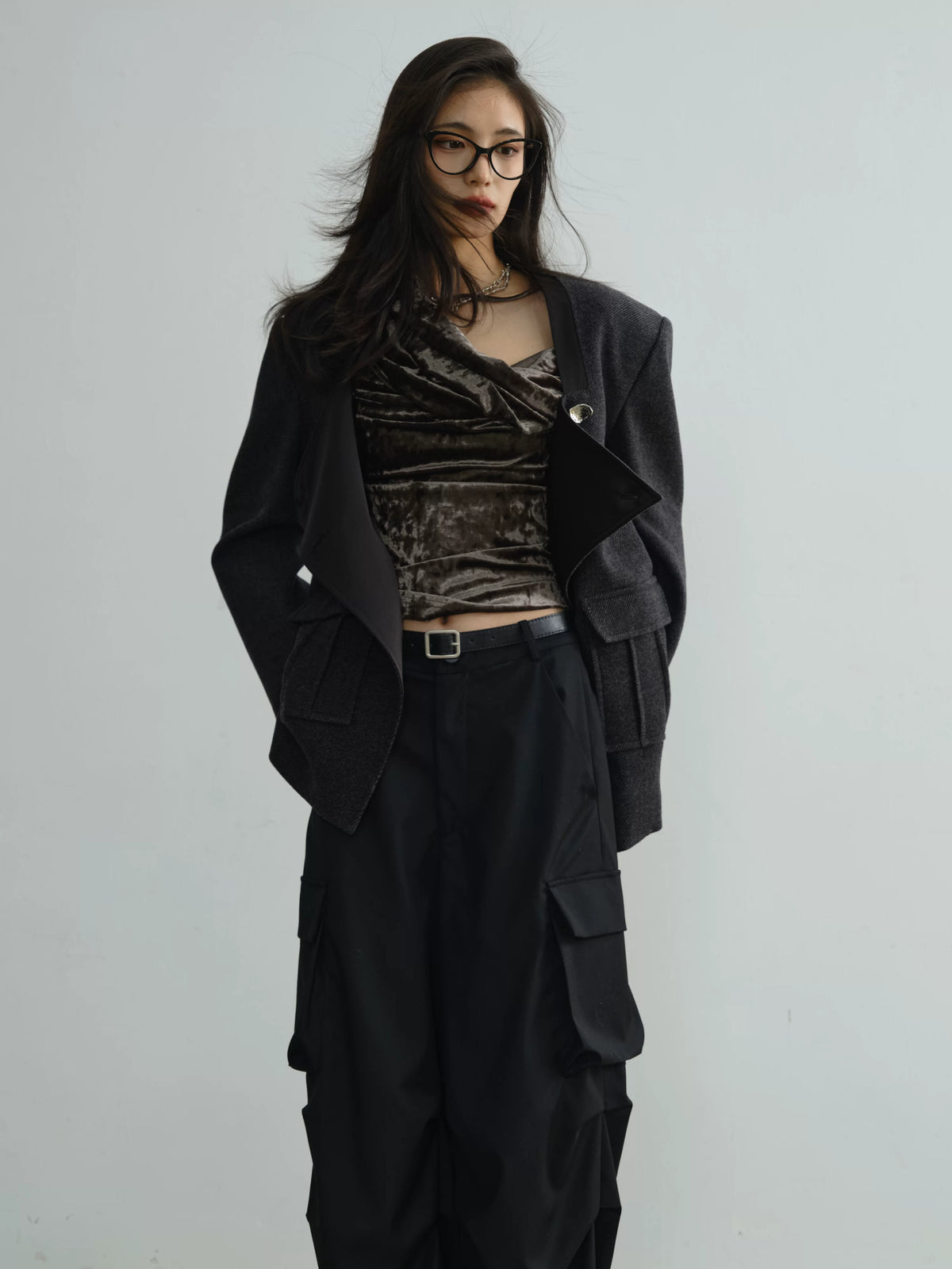 Low Neckline Diagonal Placket Jacket