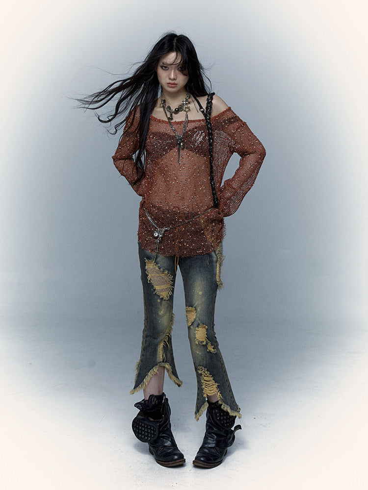 Damage Asymmetric Flare Denim Jeans