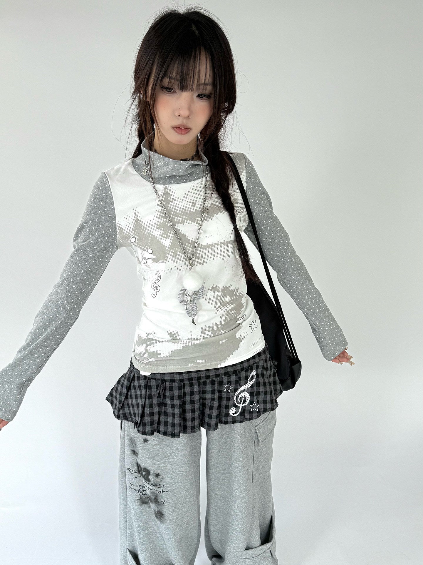 Polka Dot Print High-Neck Long Sleeve T-Shirt