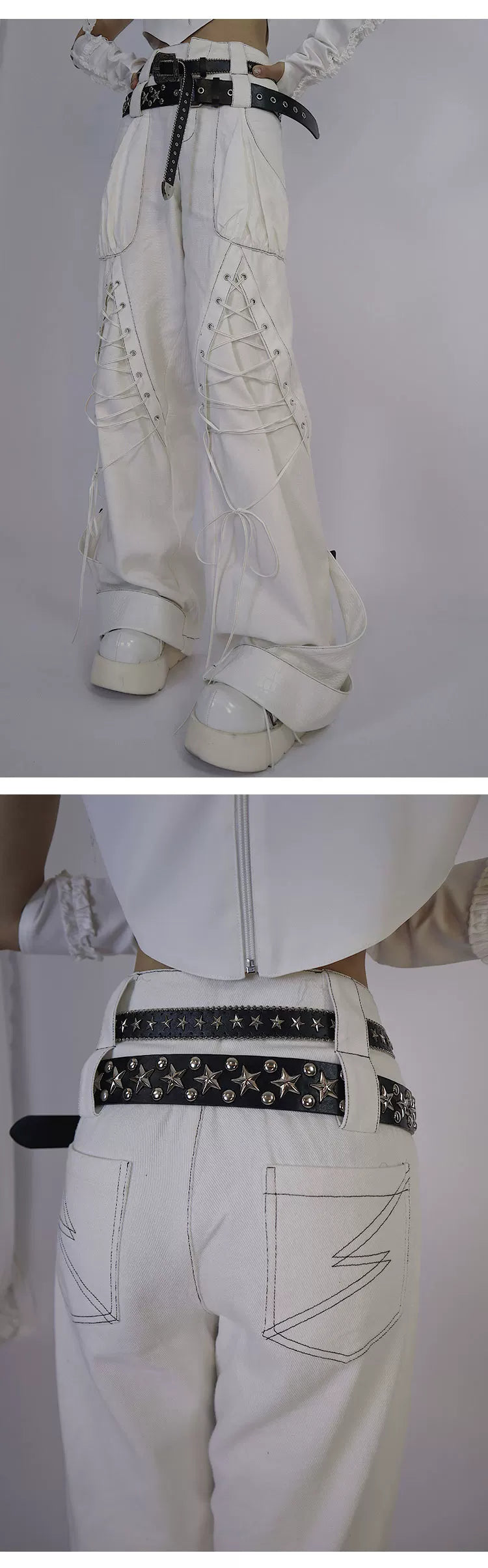 Tie-Strap Double-Waist Wide Leg Denim Jeans & Belt