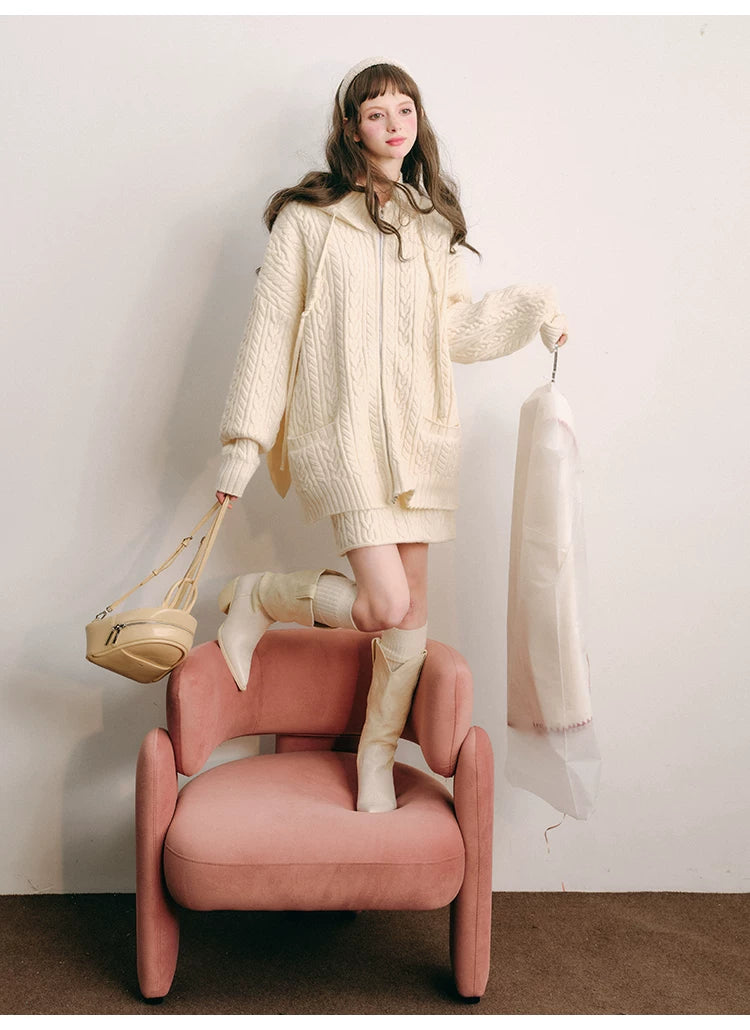 Bunny Hare Ear Hooded Zipper Knit Cardigan & Knit Skirt Setup
