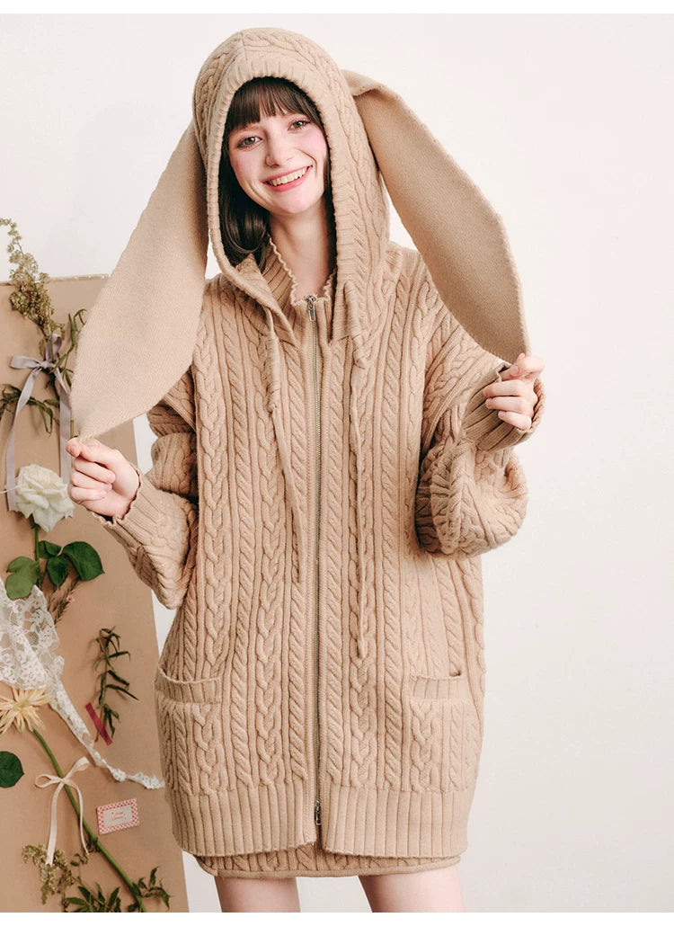 Bunny Hare Ear Hooded Zipper Knit Cardigan & Knit Skirt Setup