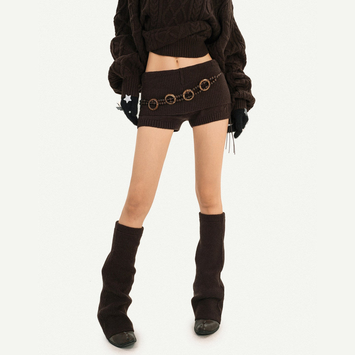 Oversize Knit Sweater & Low Waist Knit Short Pants & Shawl & Leg Warmers Setup