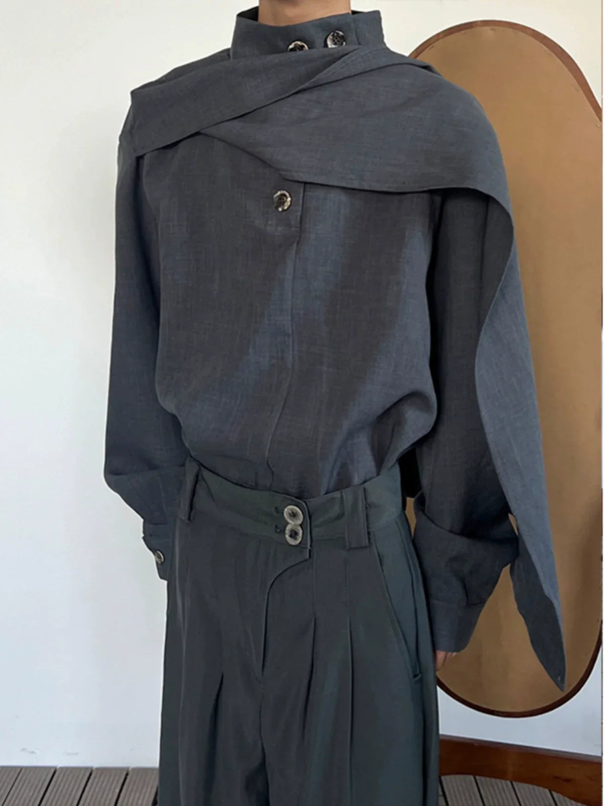 Stand Neck Scarf-Tie Long Sleeve Shirt