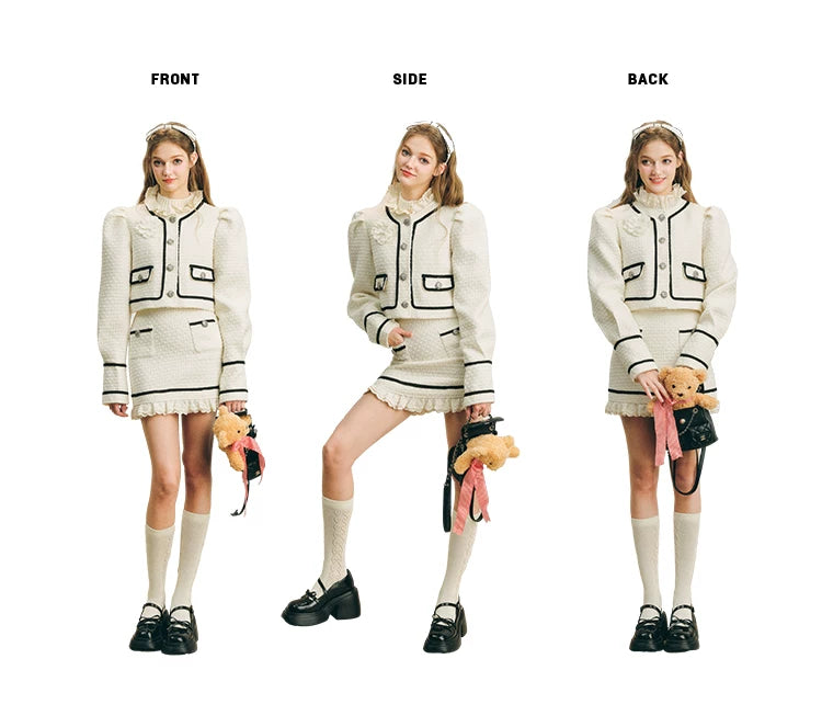 Bubble Sleeve Button Up Jacket & Lace Short Skirt Setup
