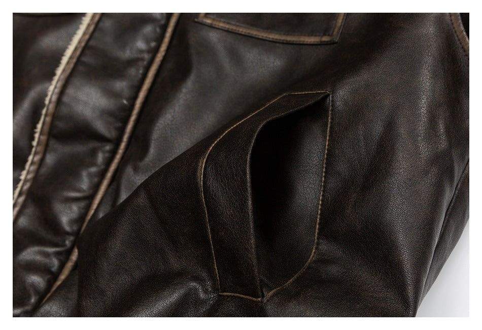 Veste unisexe vintage doublée de laine et de cuir