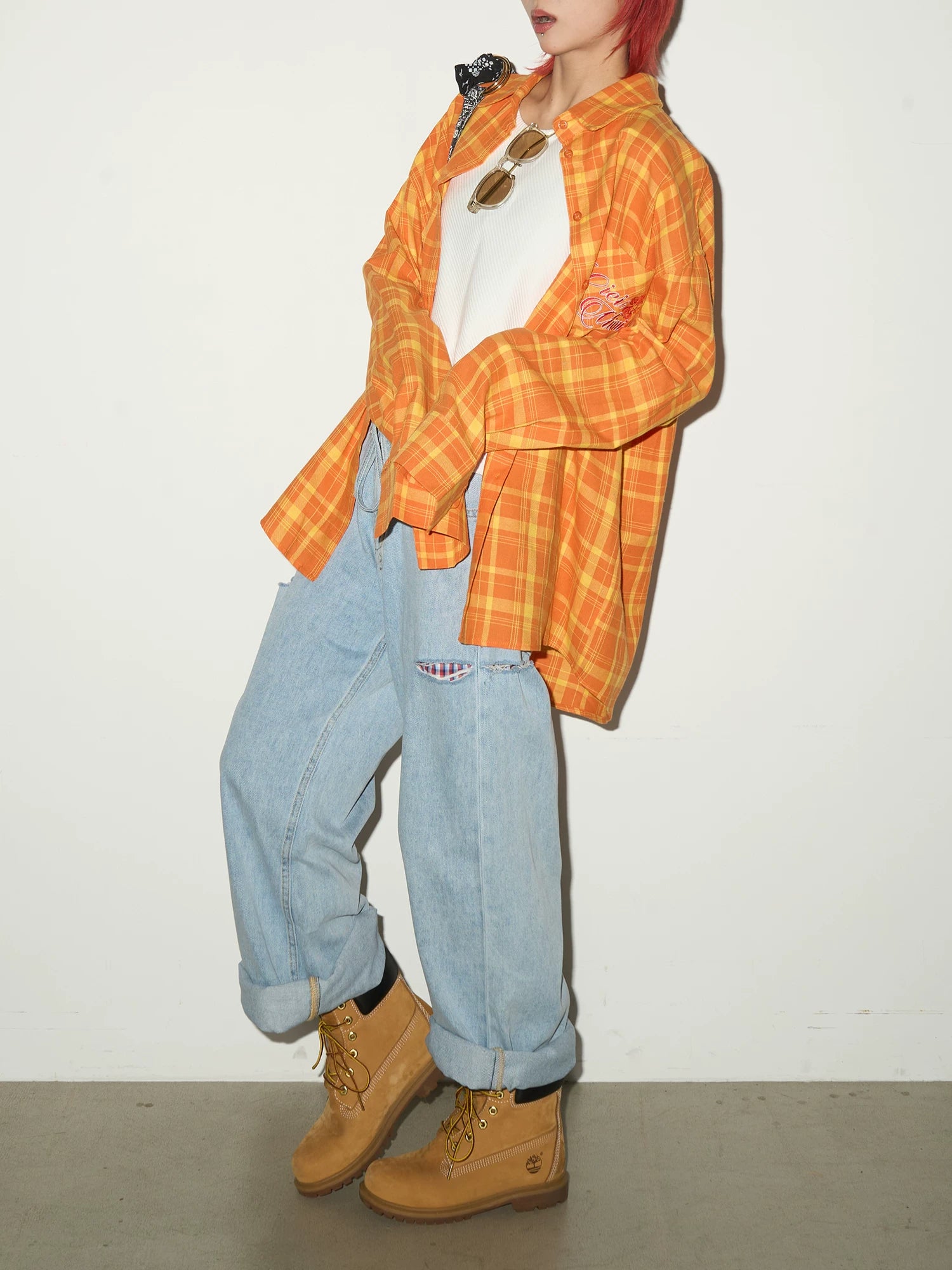 Plaid Embroidery Print Oversize Long Sleeve Shirt