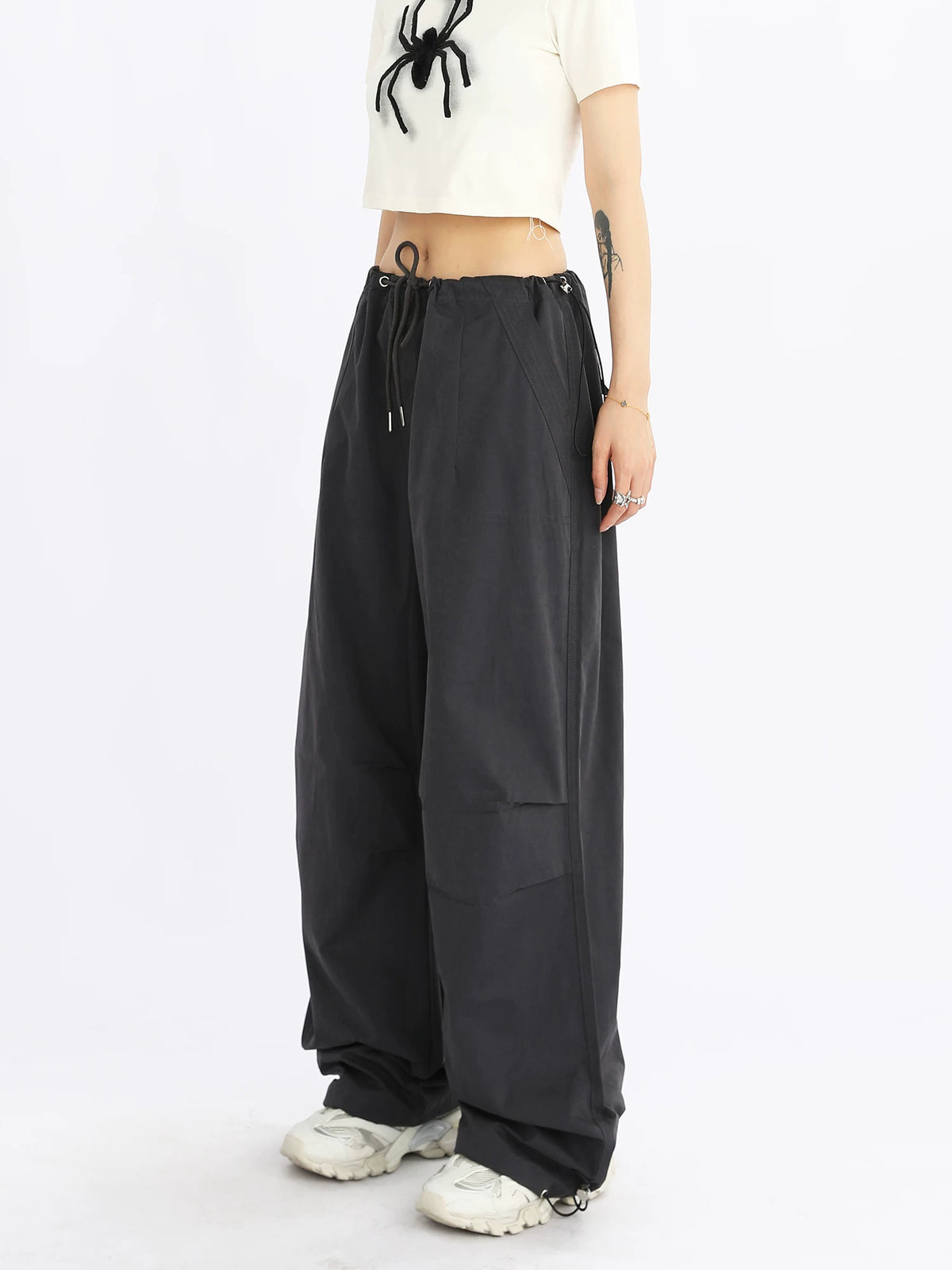 Wide-Leg Drawstring Cargo Pants