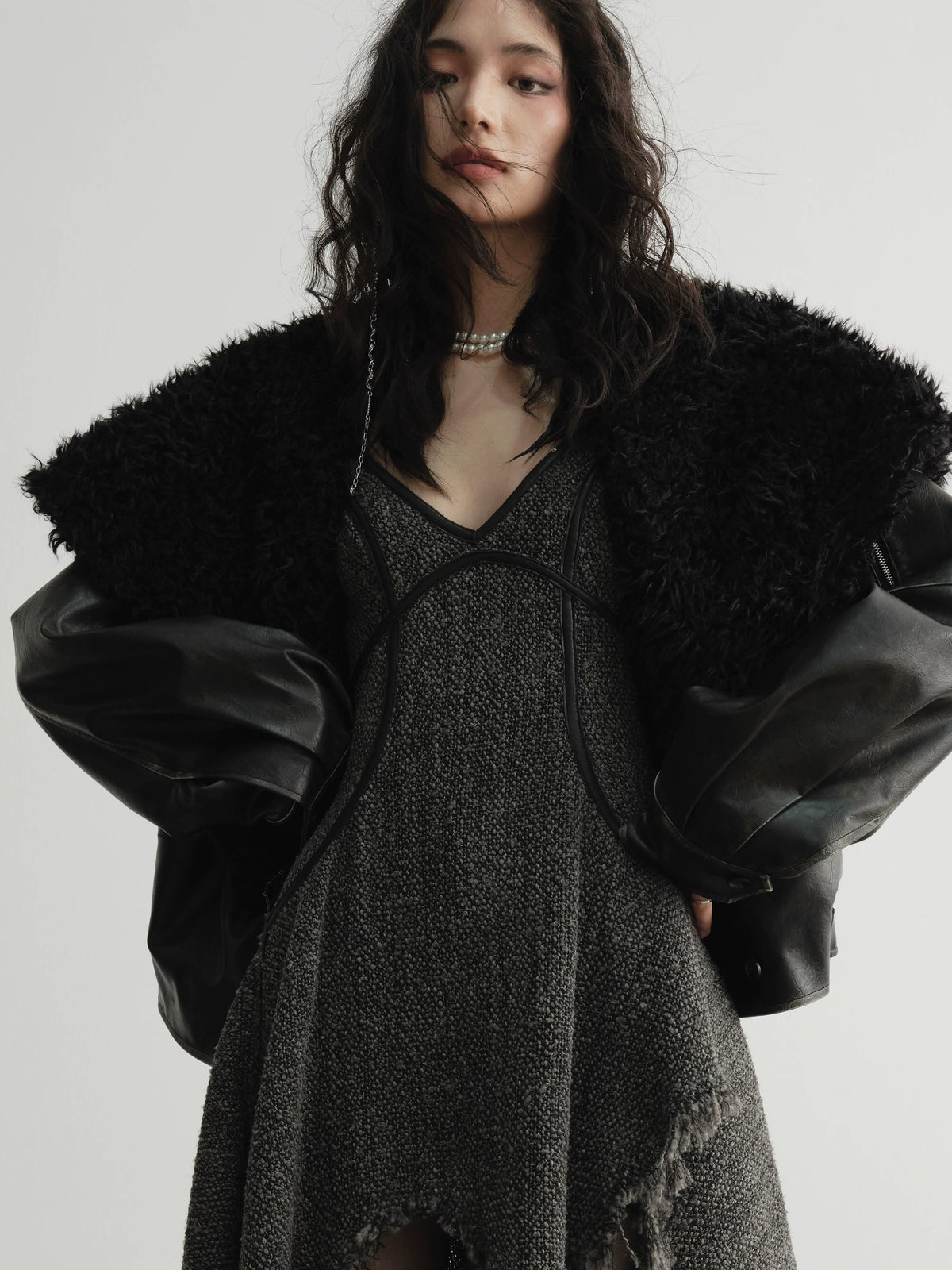 Big Hairy Collar PU Leather Jacket