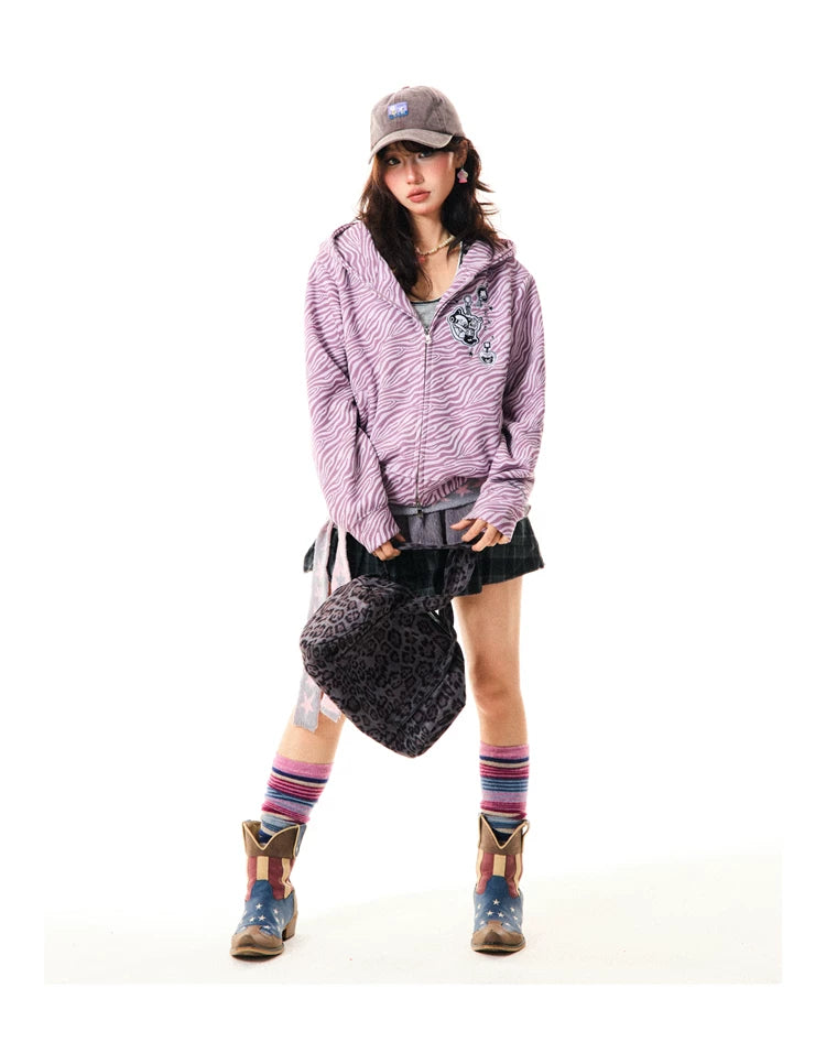 Zebra Print Graphic Zip-Up Hoodie