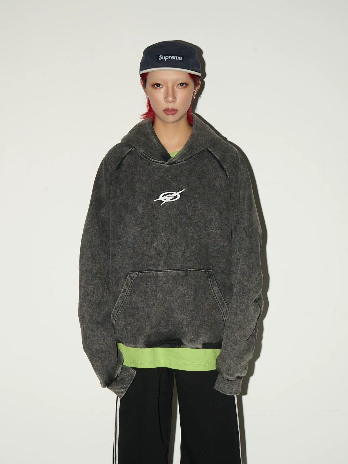 Washed Pleated Sleeve Oversize Pullover Hoodie