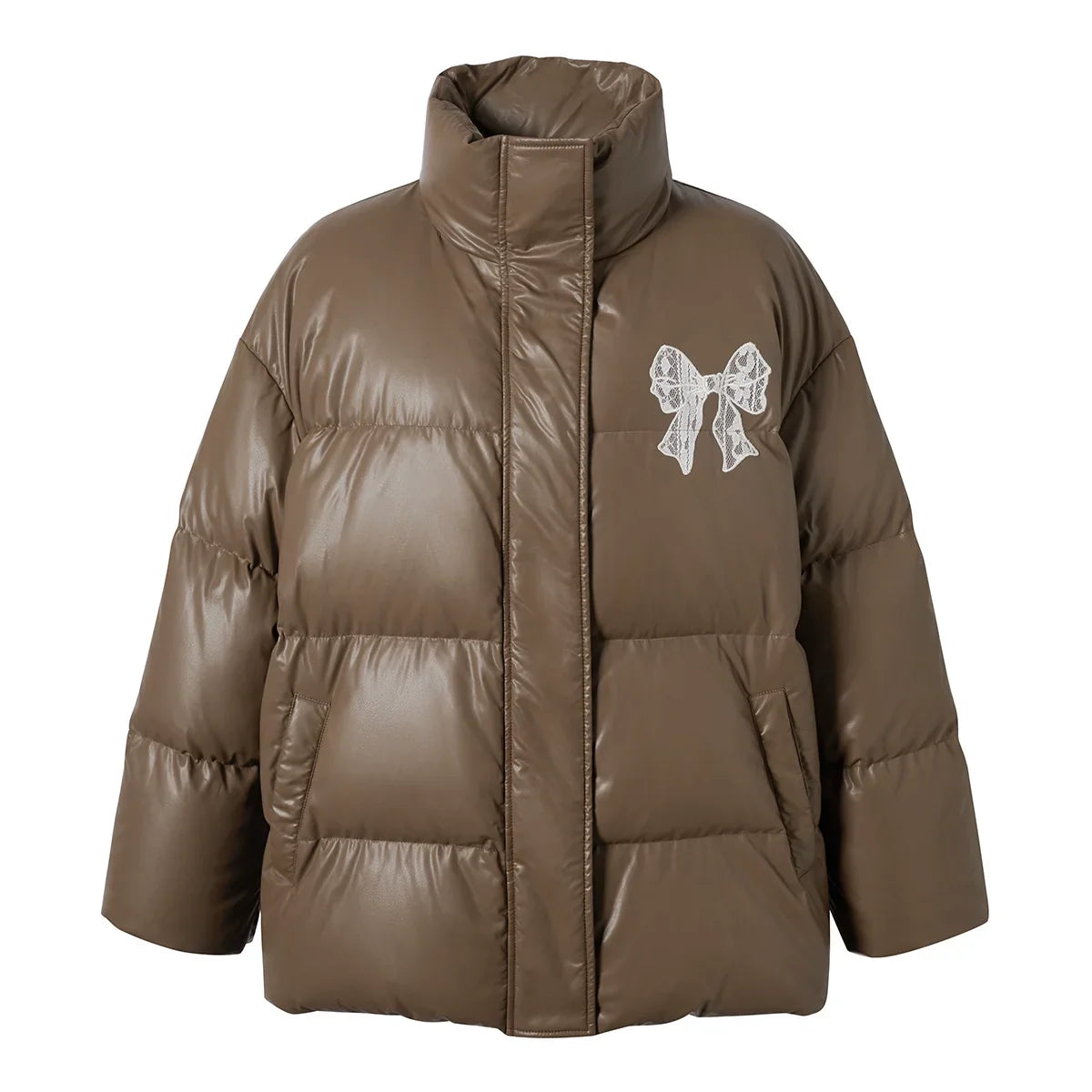 Fake PU Leather Stand Neck Lace Patchwork White Duck Down Jacket
