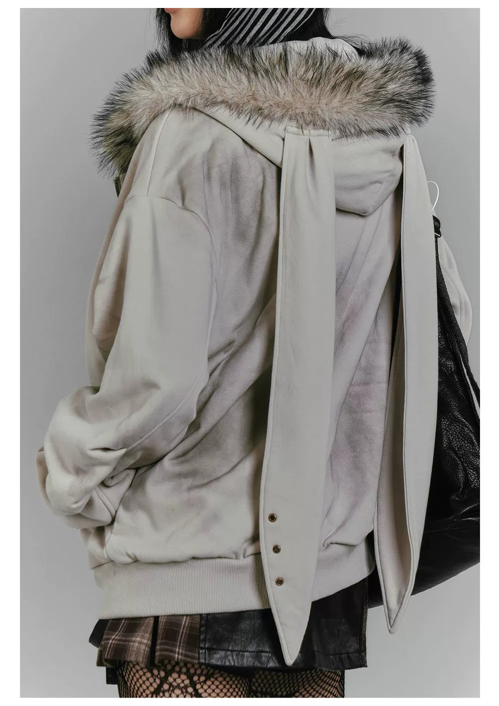 Graphic Fake Fur Hood Bunny Ear Zipper Hoodie Jacket