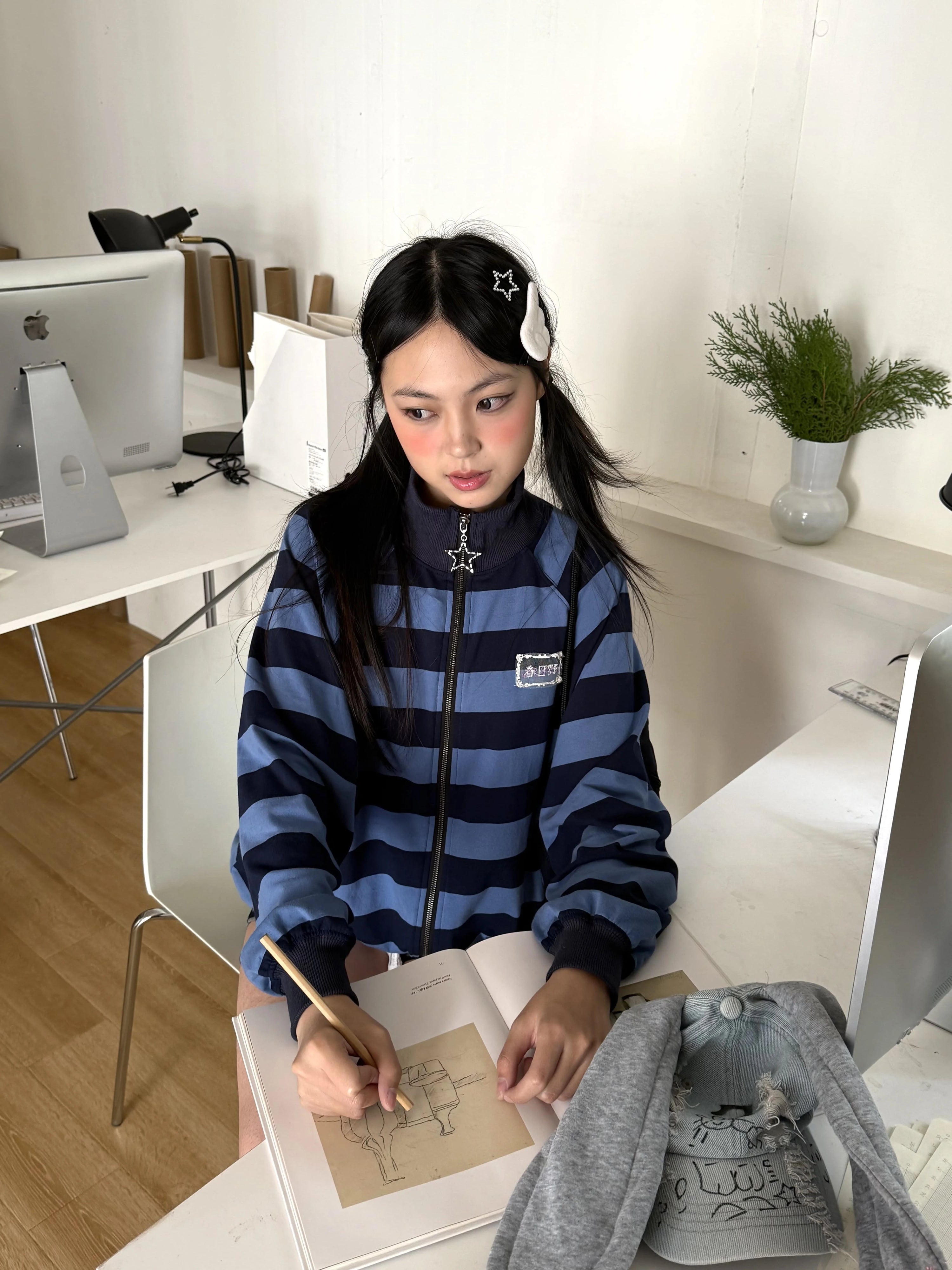 Striped Oversize Stand Collar Zipper Jacket
