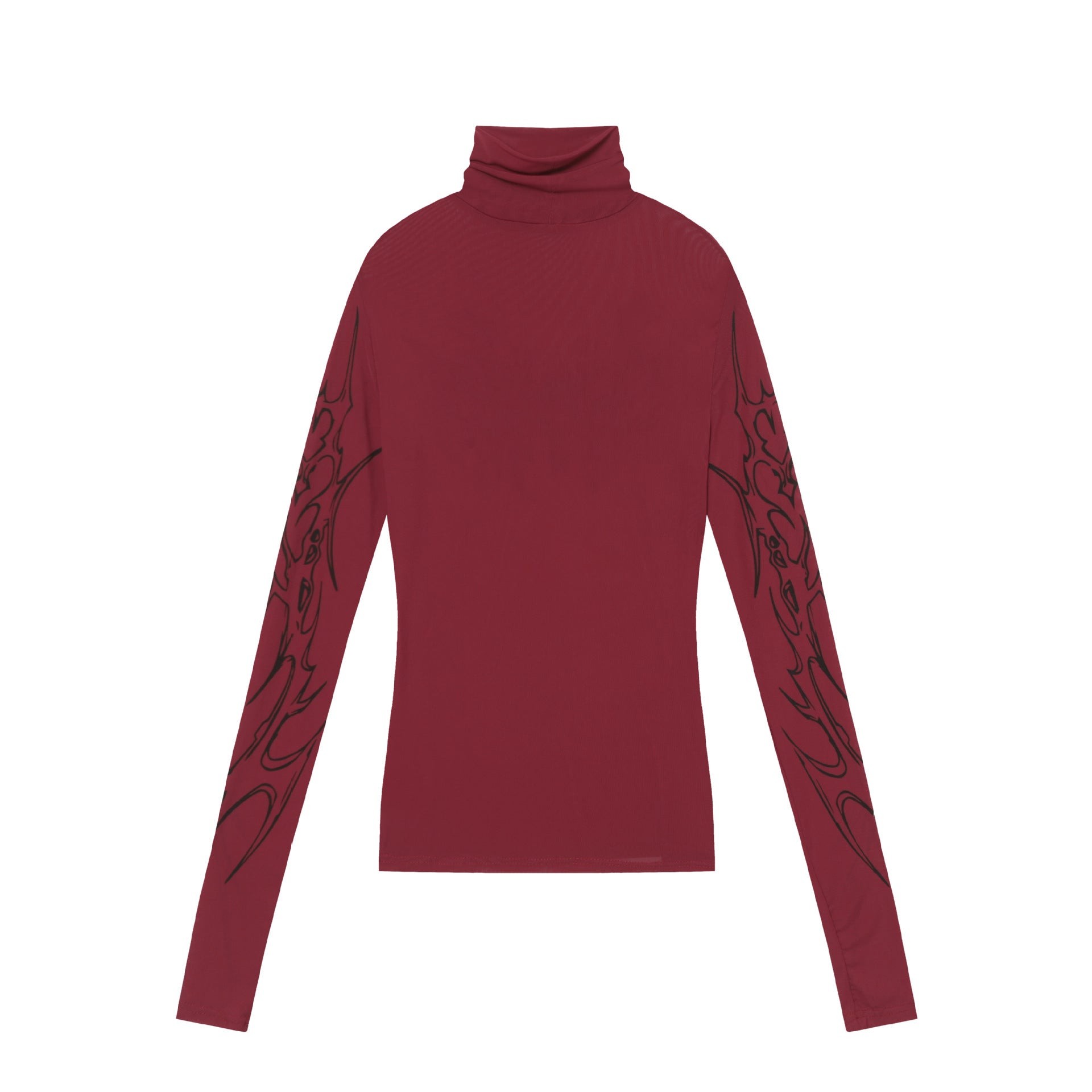High-Neck Mesh Graphic Print Long Sleeve T-Shirt