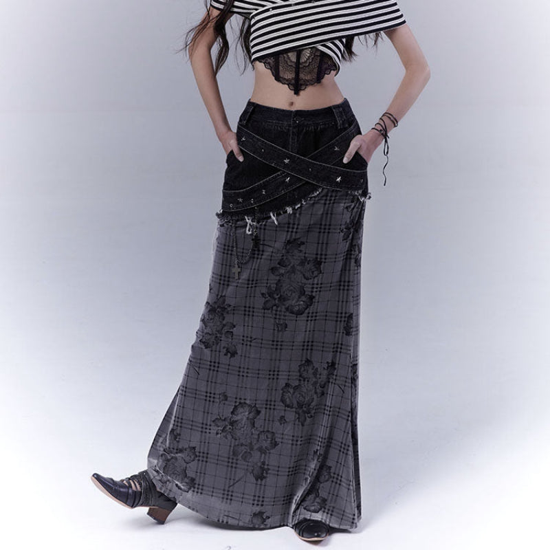 Plaid Rose Low Saturation Denim Skirt