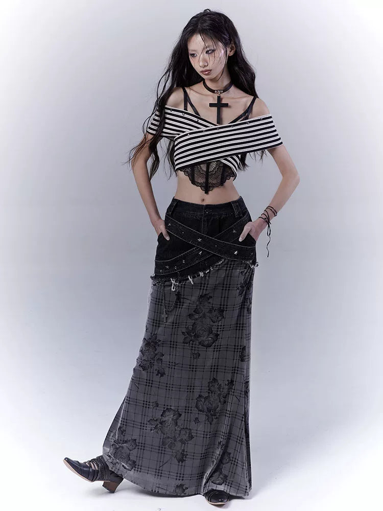 Plaid Rose Low Saturation Denim Skirt