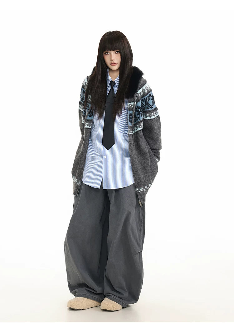 Fur Collar Fair Isle Hooded Knit Cardigan