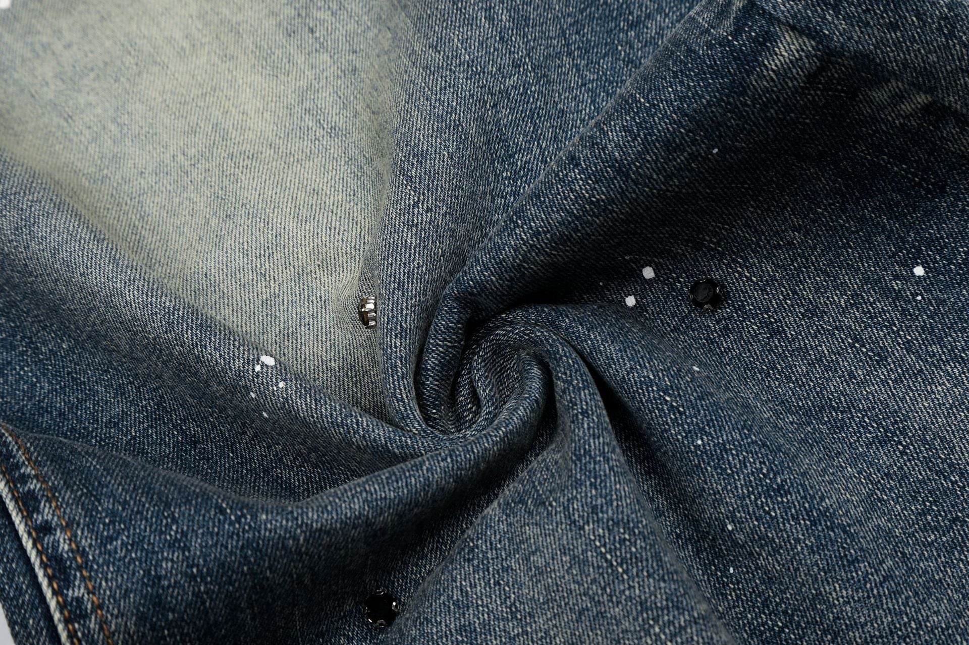 Washed Paint Rhinestone Wide Leg Curved Denim Jeans