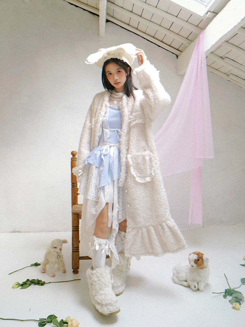 Plush Bow Ruffle Long Coat