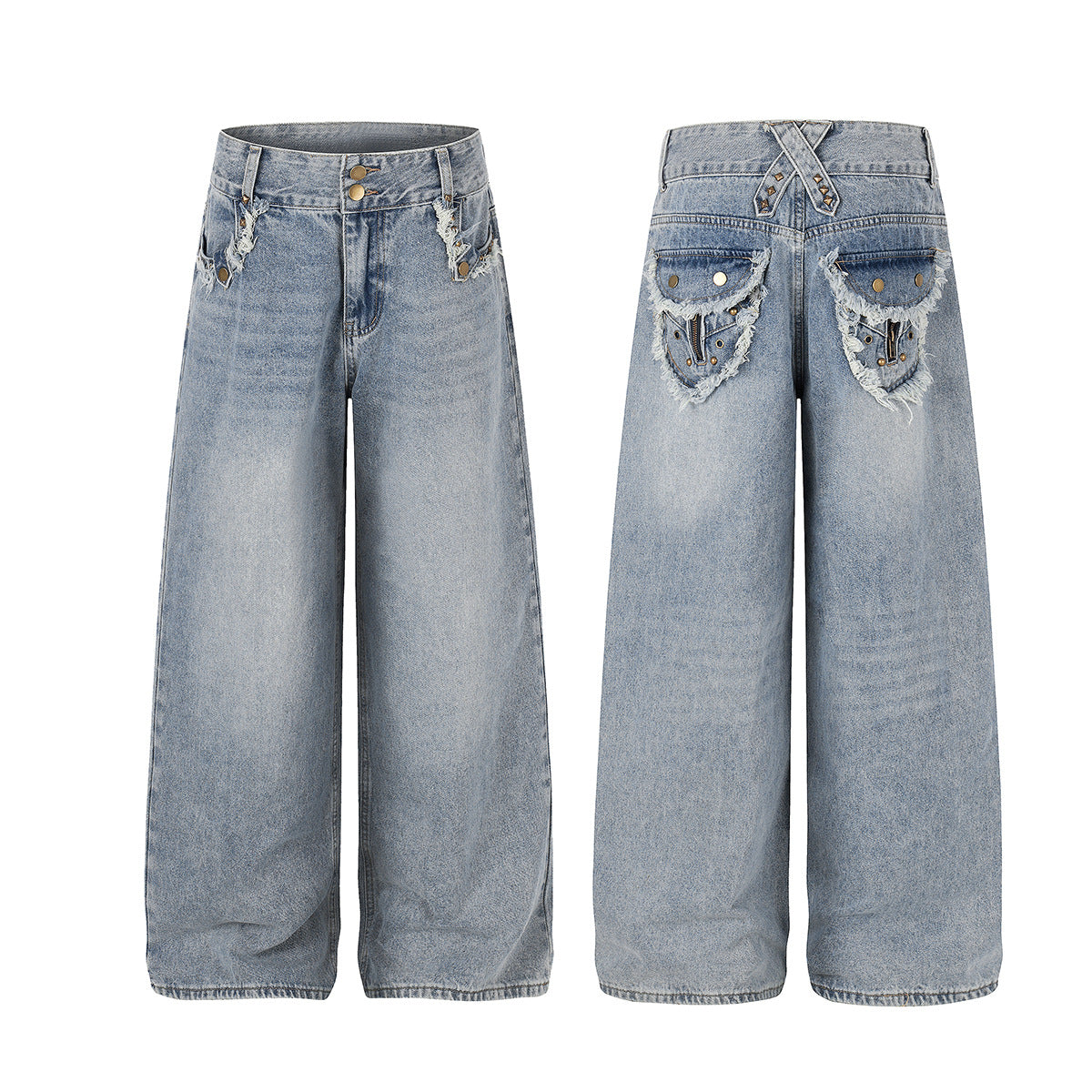 Fringe Studs Wide Leg Denim Jeans