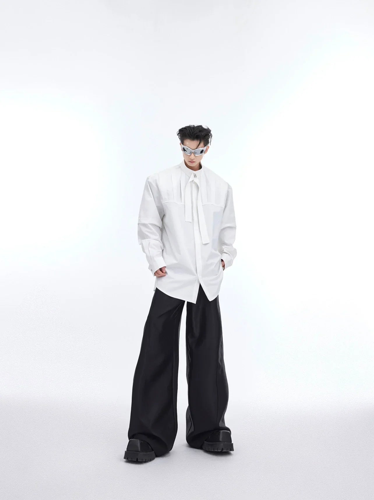 Ribbon Design Pleat Oversize Long Sleeve Shirt