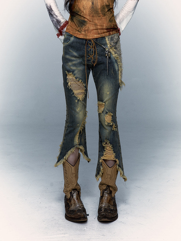 Damage Asymmetric Flare Denim Jeans