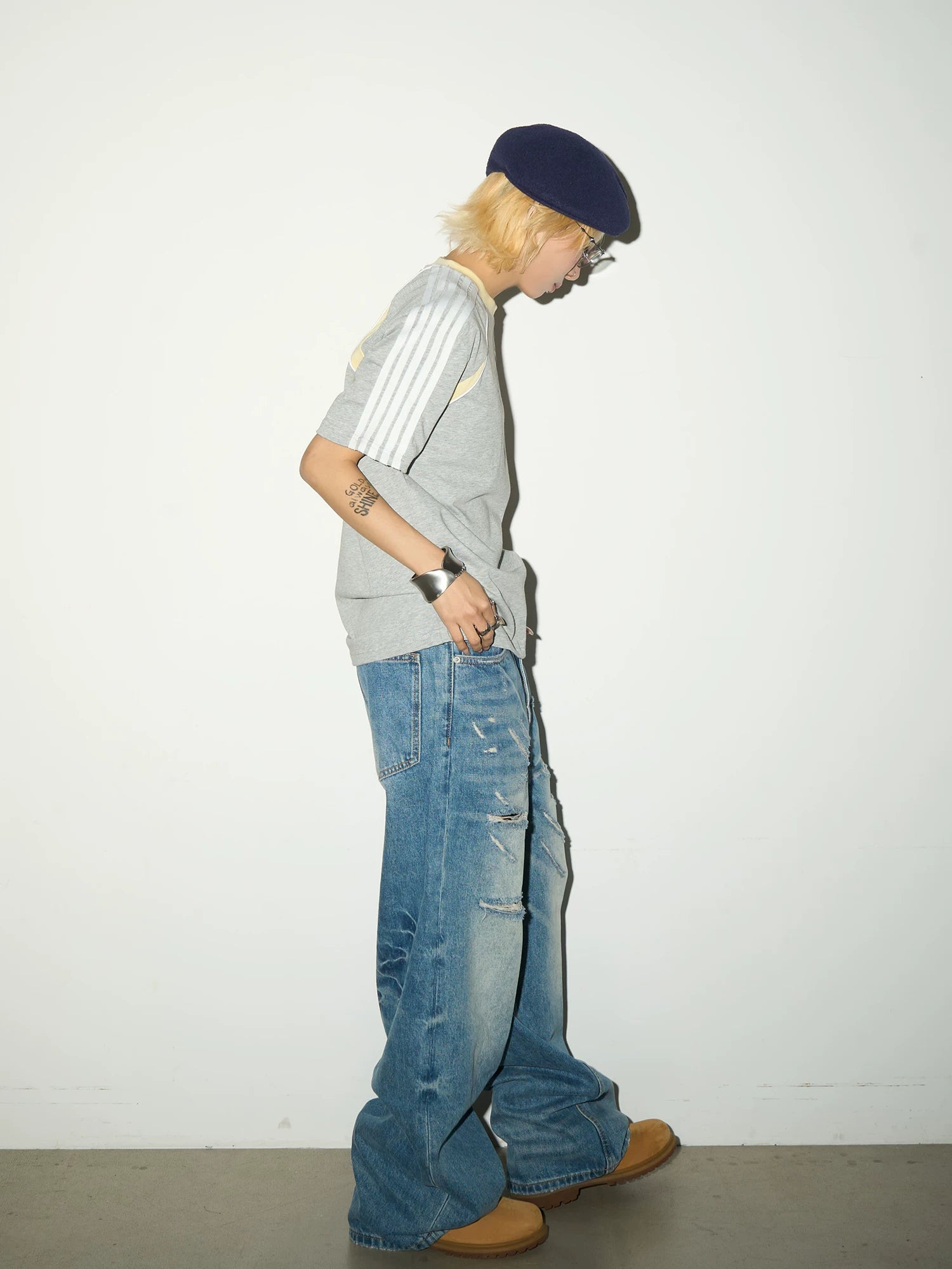 Washed Damage Fade Straight Denim Jeans