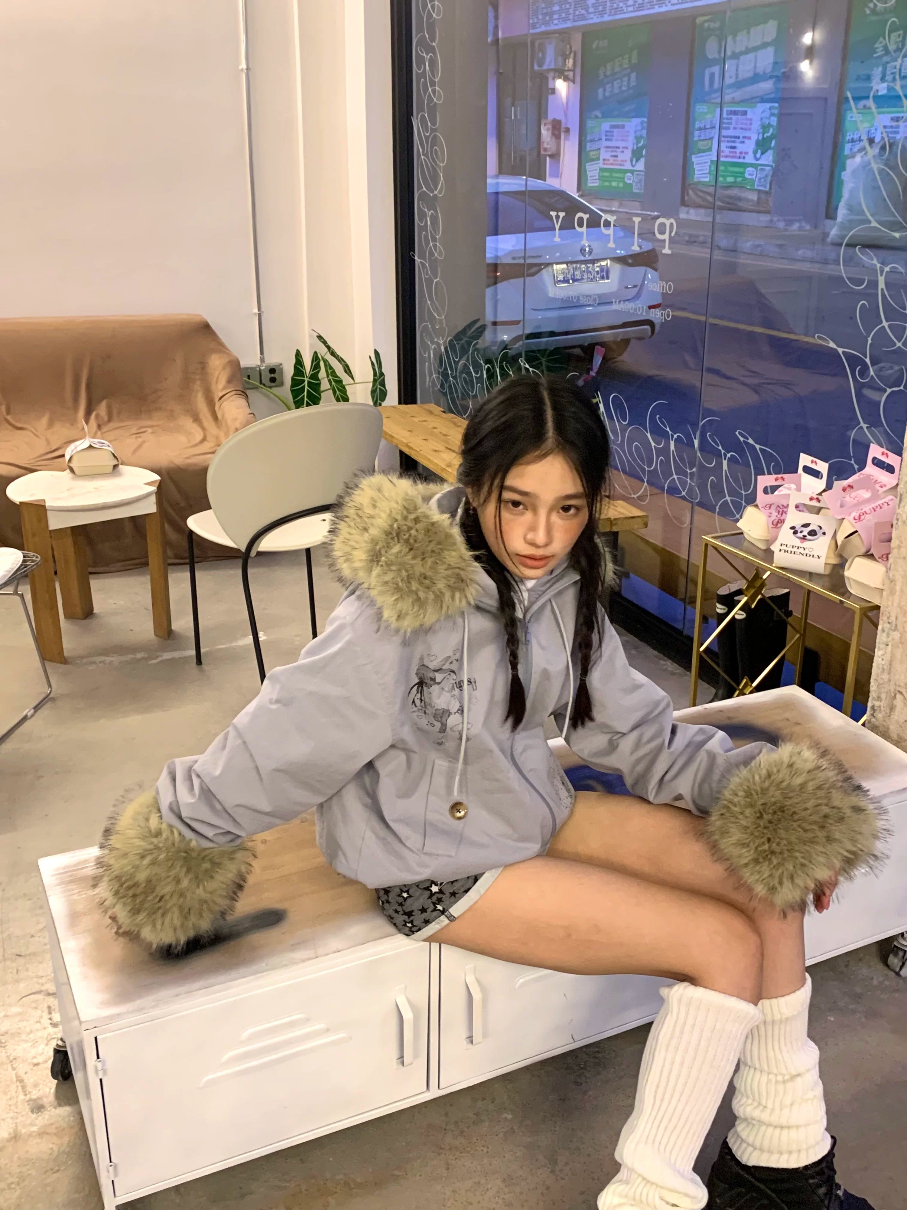 Fake Fur Trim Graphic Print Oversize Hooded Jacket