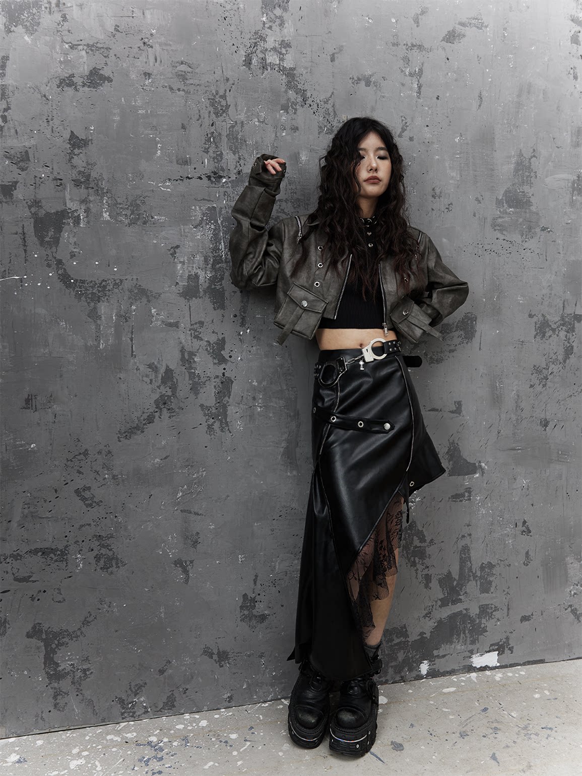 Asymmetric PU Leather Mesh Patchwork Skirt