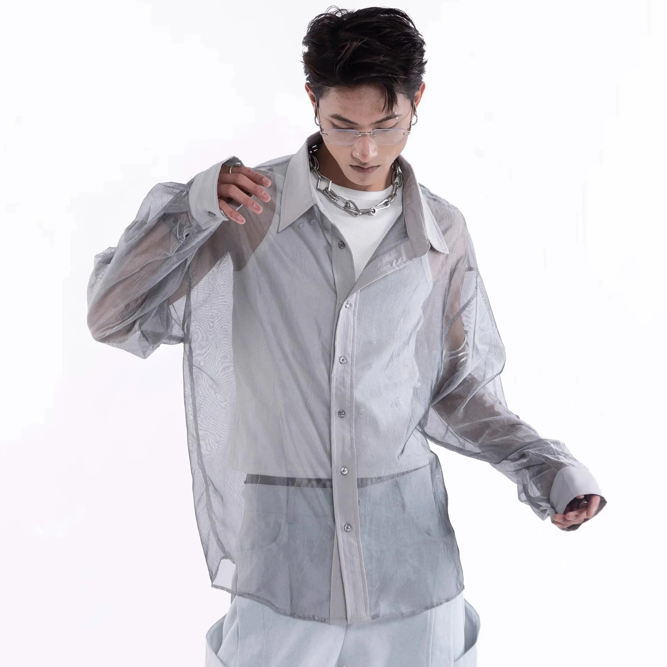 Sheer Draped Oversize Long Sleeve Shirt