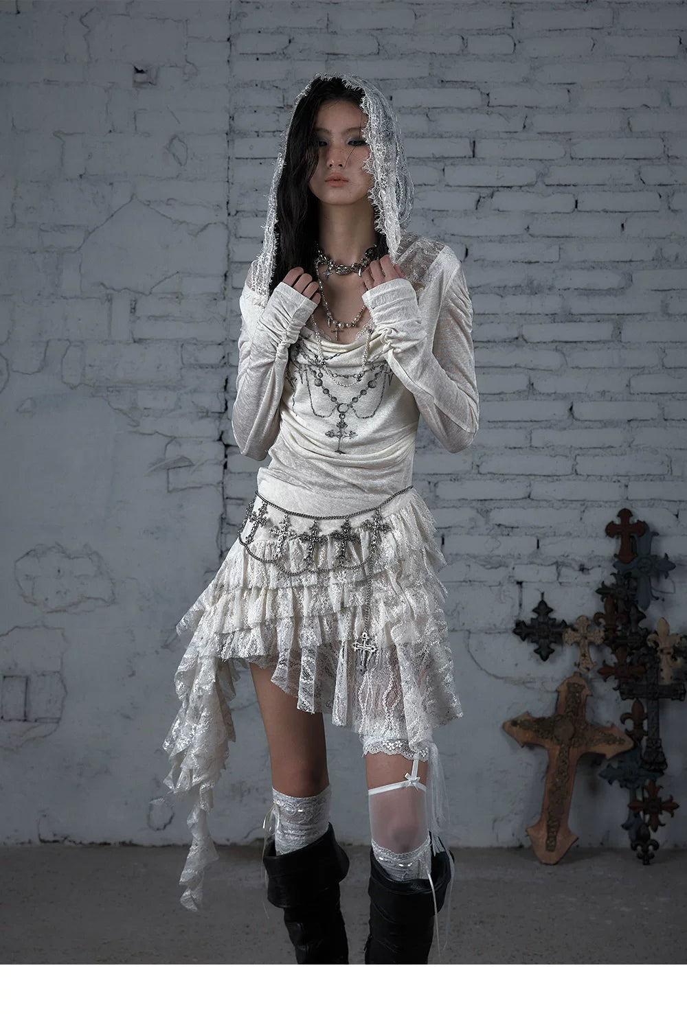 Lace Hooded Asymmetric Ruffle Dress