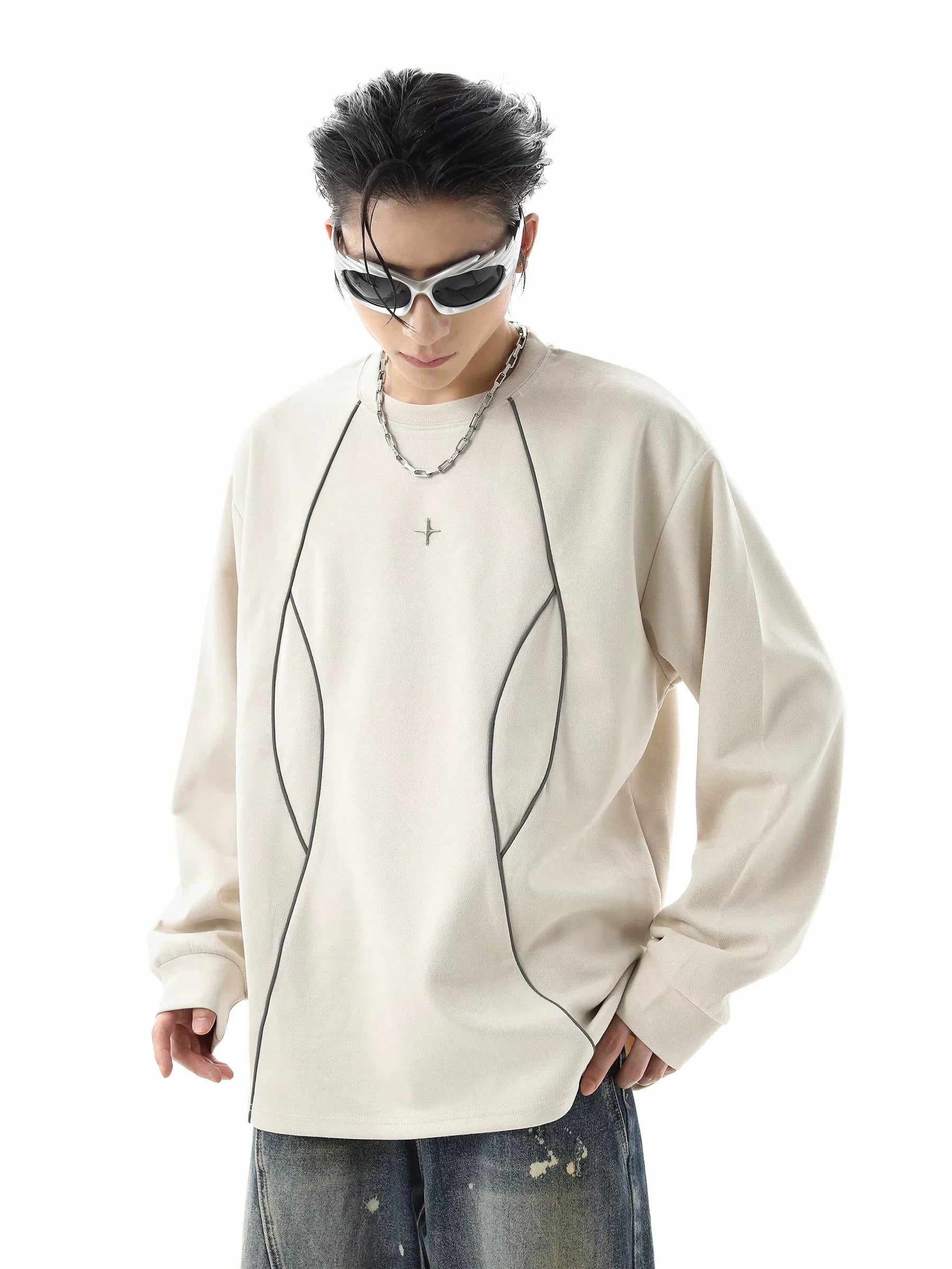 Reflective Stripe Suede Round Neck Sweatshirt