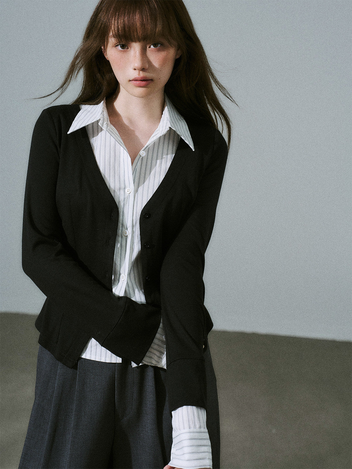 Layered Lyocell Wool Stripe Office Commuter Kinit Cardigan