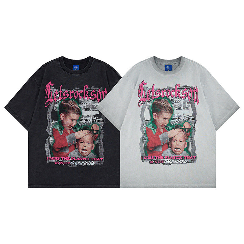 Washed Portrait Letter Print Short Sleeve T-Shirt