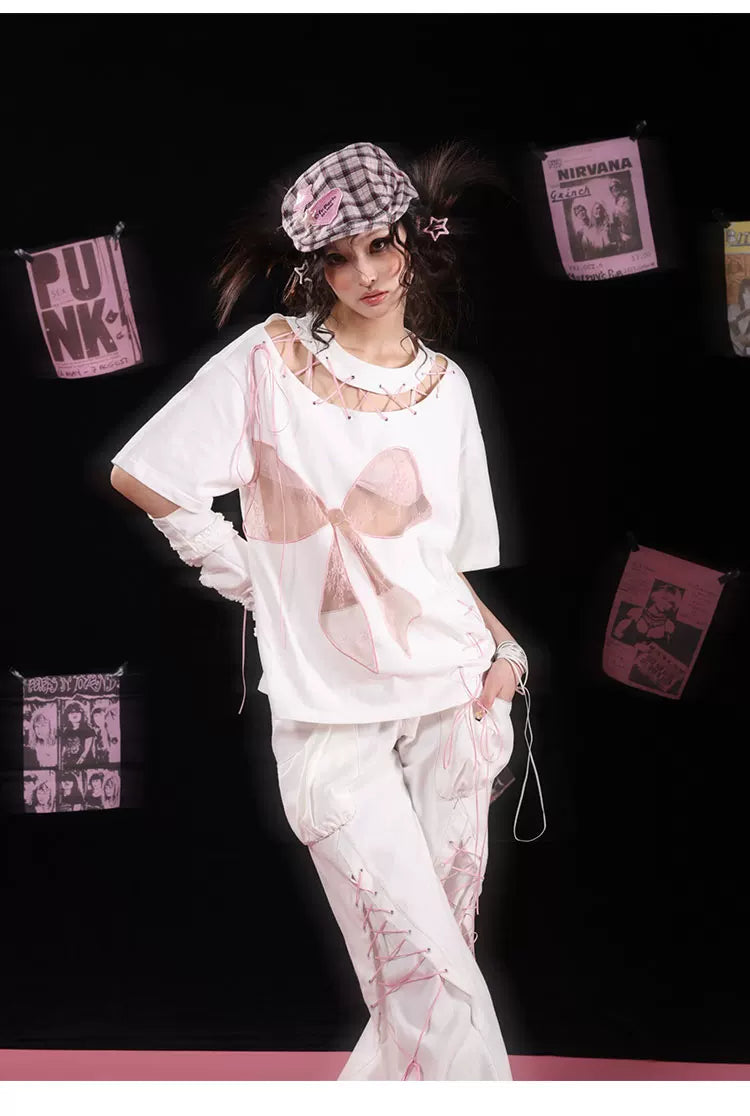 Lace Bow Hollow-Out Tie-Strap Short Sleeve T-Shirt