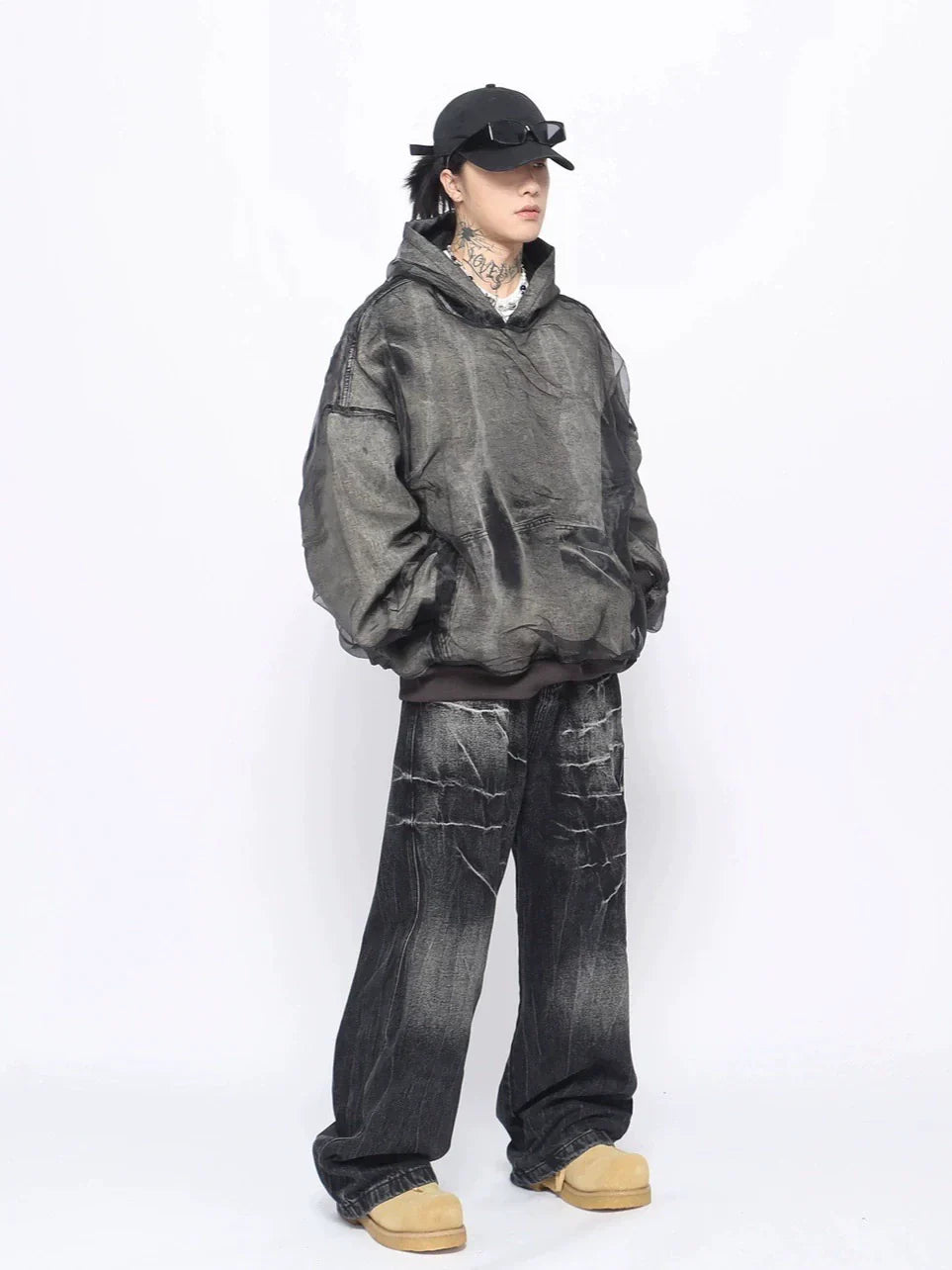 Sudadera vaquera lavada con capas de malla
