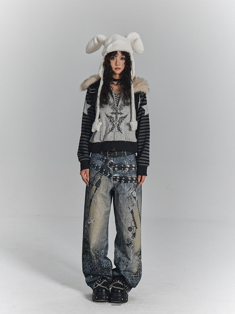 Fur Collar Patchwork Oversize Zipper Hoodie