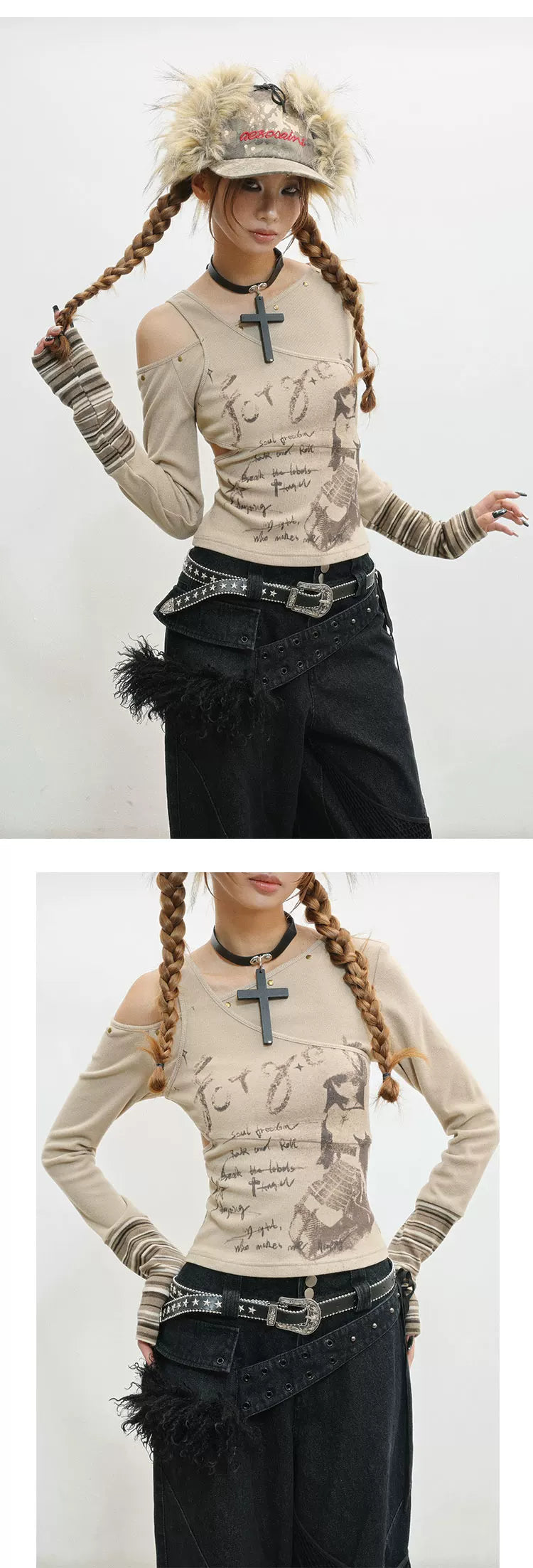 Off-Shoulder Patchwork Print Long Sleeve Knit T-Shirt