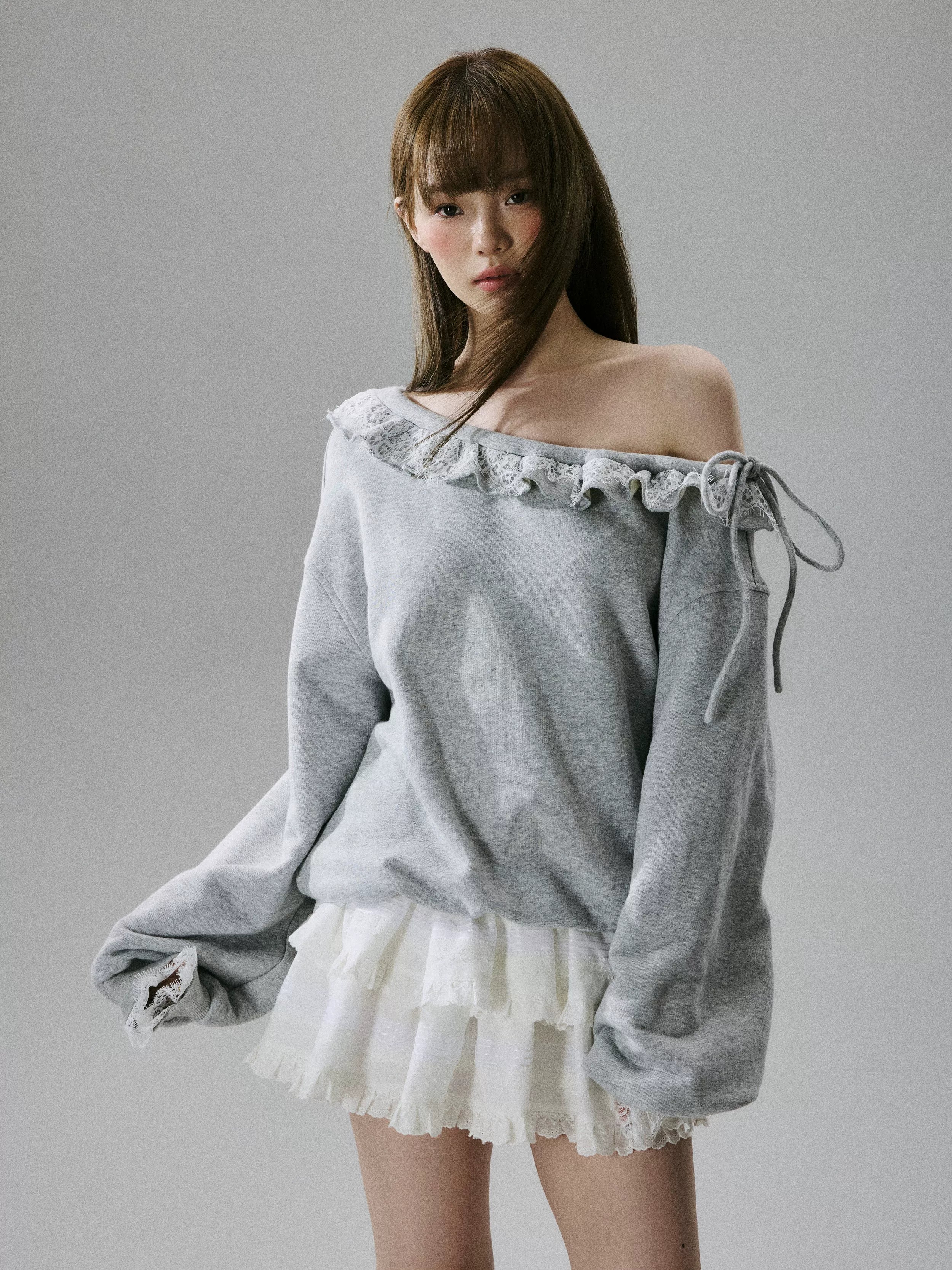 Off-Shoulder Lace Trim Sweatshirt