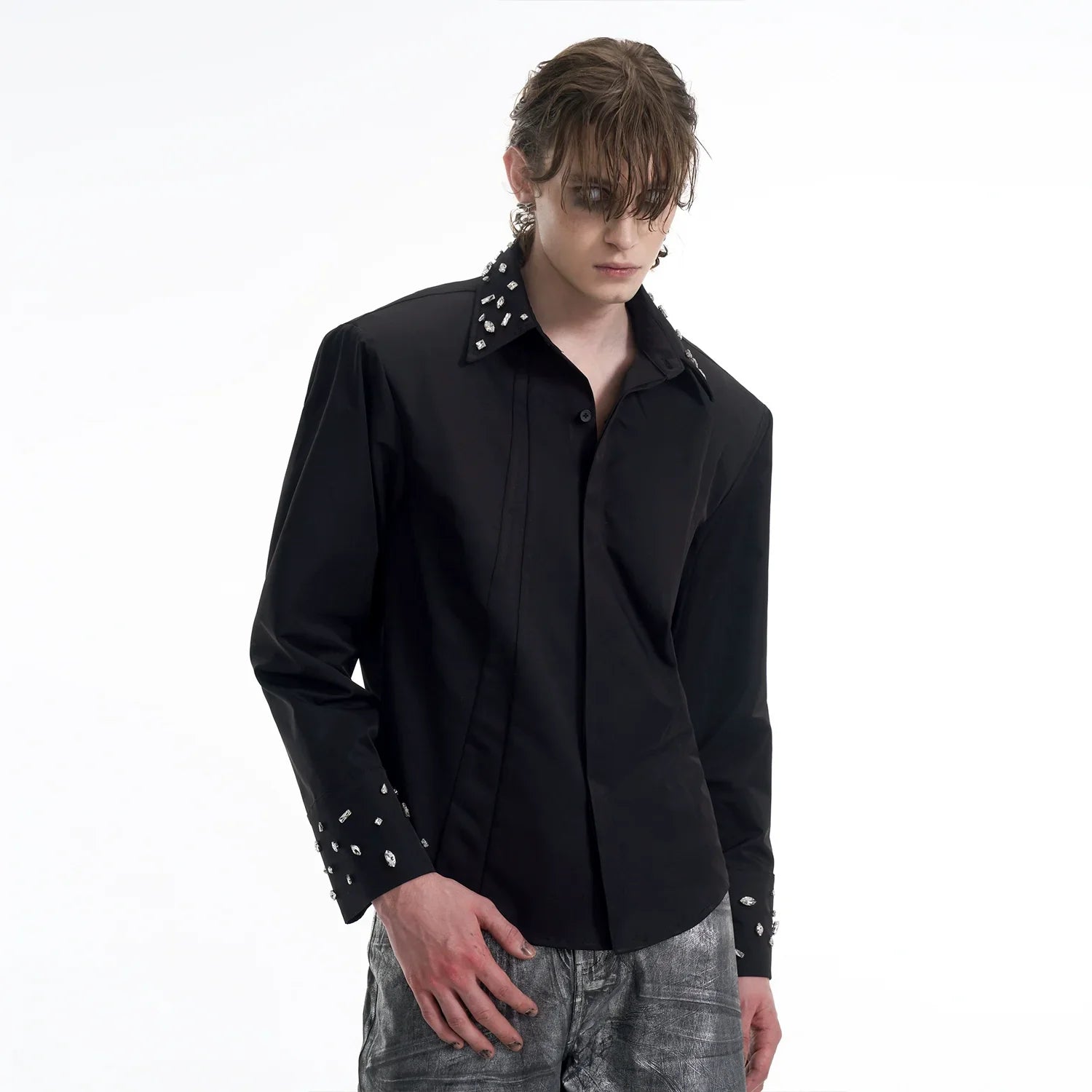 Handcrafted Rhinestone Patchwork Shoulder-Pad Long Sleeve Shirt
