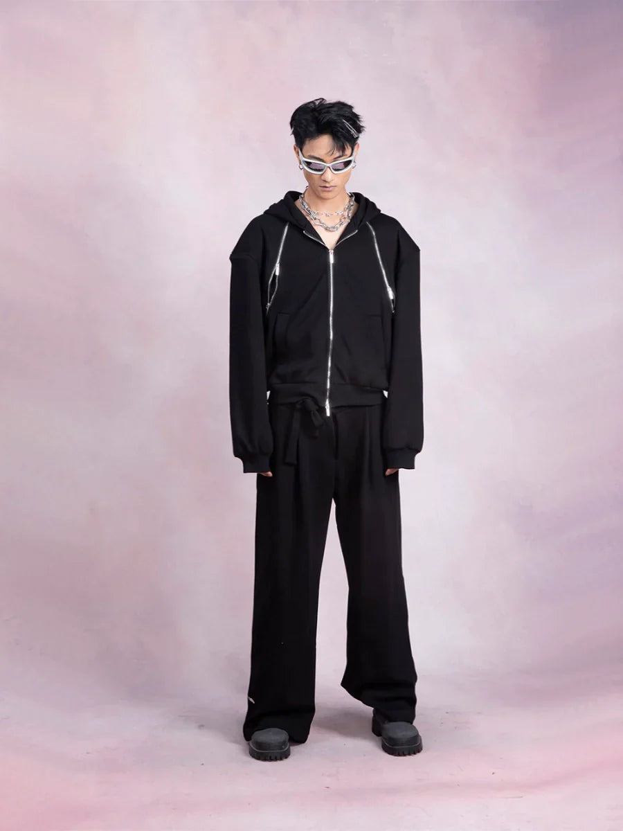 Double Zipper Hoodie & Wide-Leg Straight Sweatpants Setup
