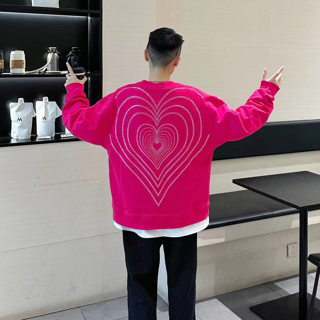 Rhinestone Heart Oversize Long Sleeve Sweatshirt