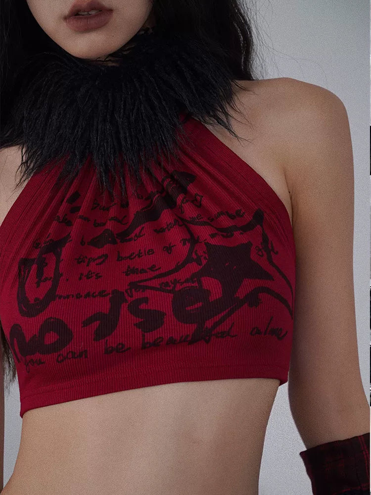 Red & Black Rock-Inspired Detachable Fur Collar Two-Way Camisole
