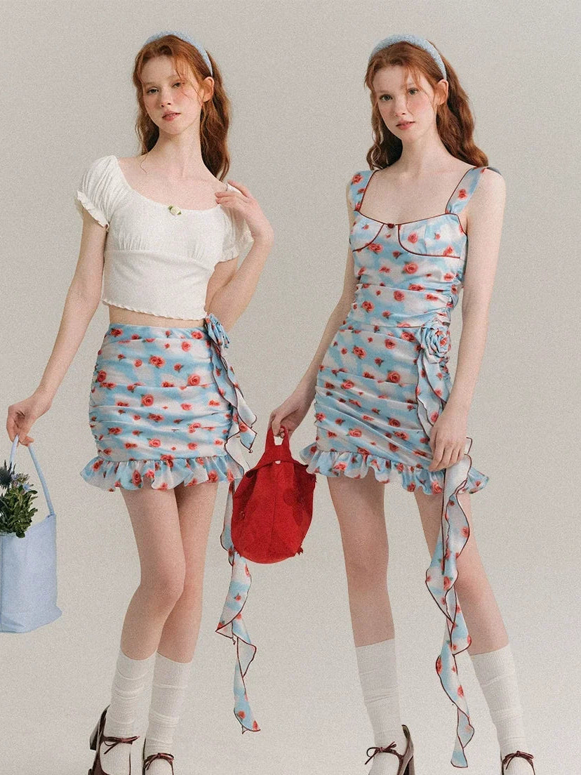 Hand Painted Rose Floral Camisole & Short Skirt Setup