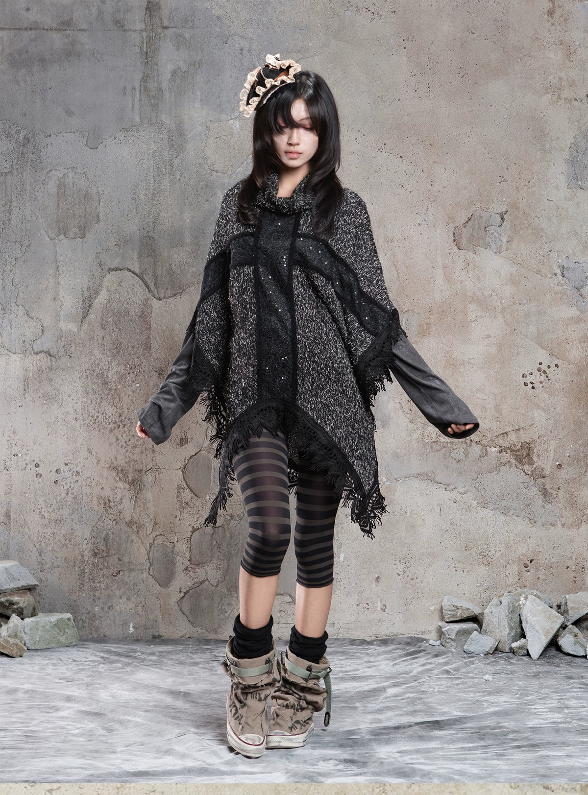 Punk Cross Cape Asymmetric Fringe Knit Sweater